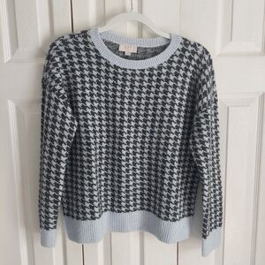 LOFT sweater MP light blue, black houndstooth crewneck pullover, boho